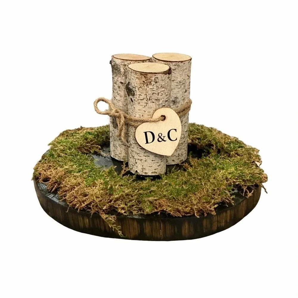 Handmade Rustic Birch Wood‎ Slab Centerpiece with Moss and Custom Heart